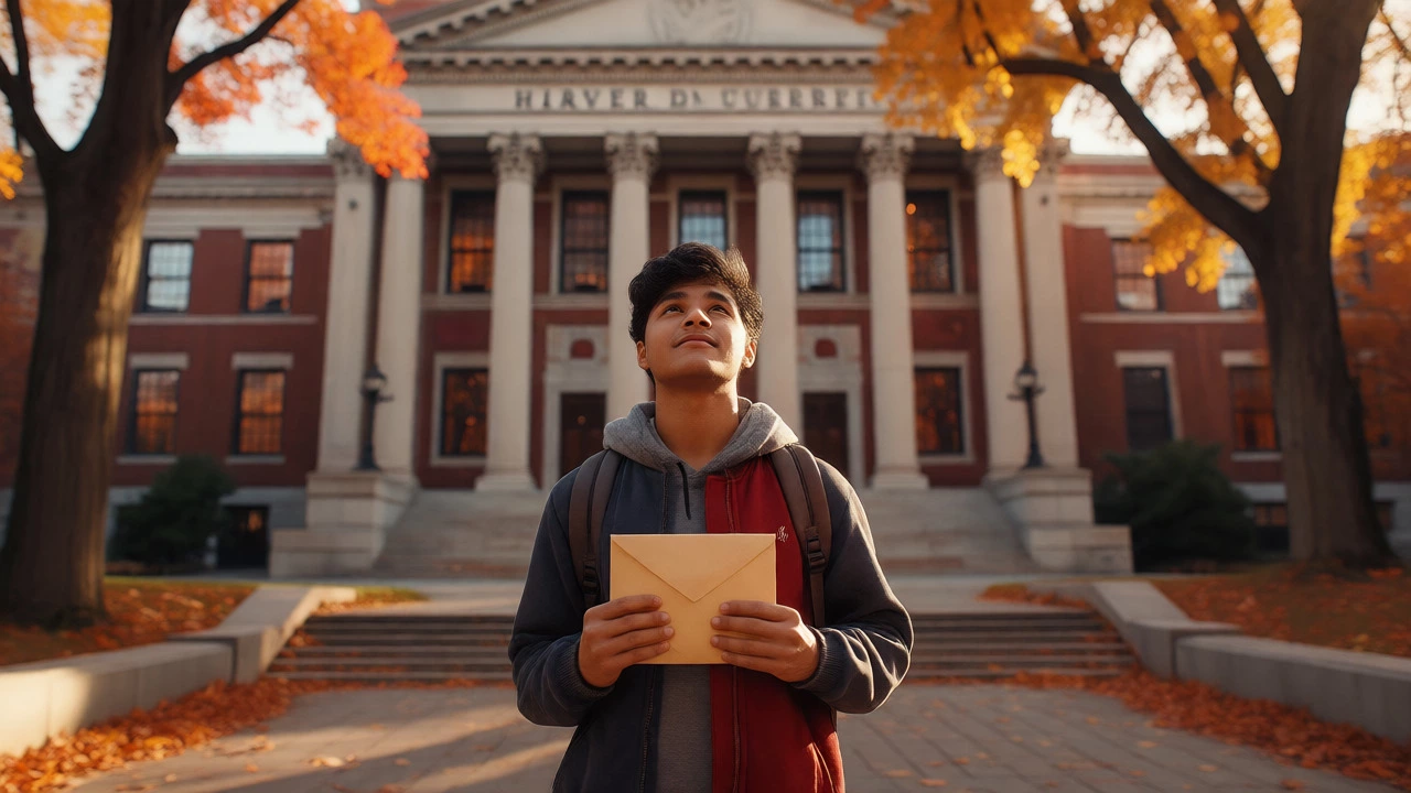 Indian student holding acceptance letter outside Harvard library