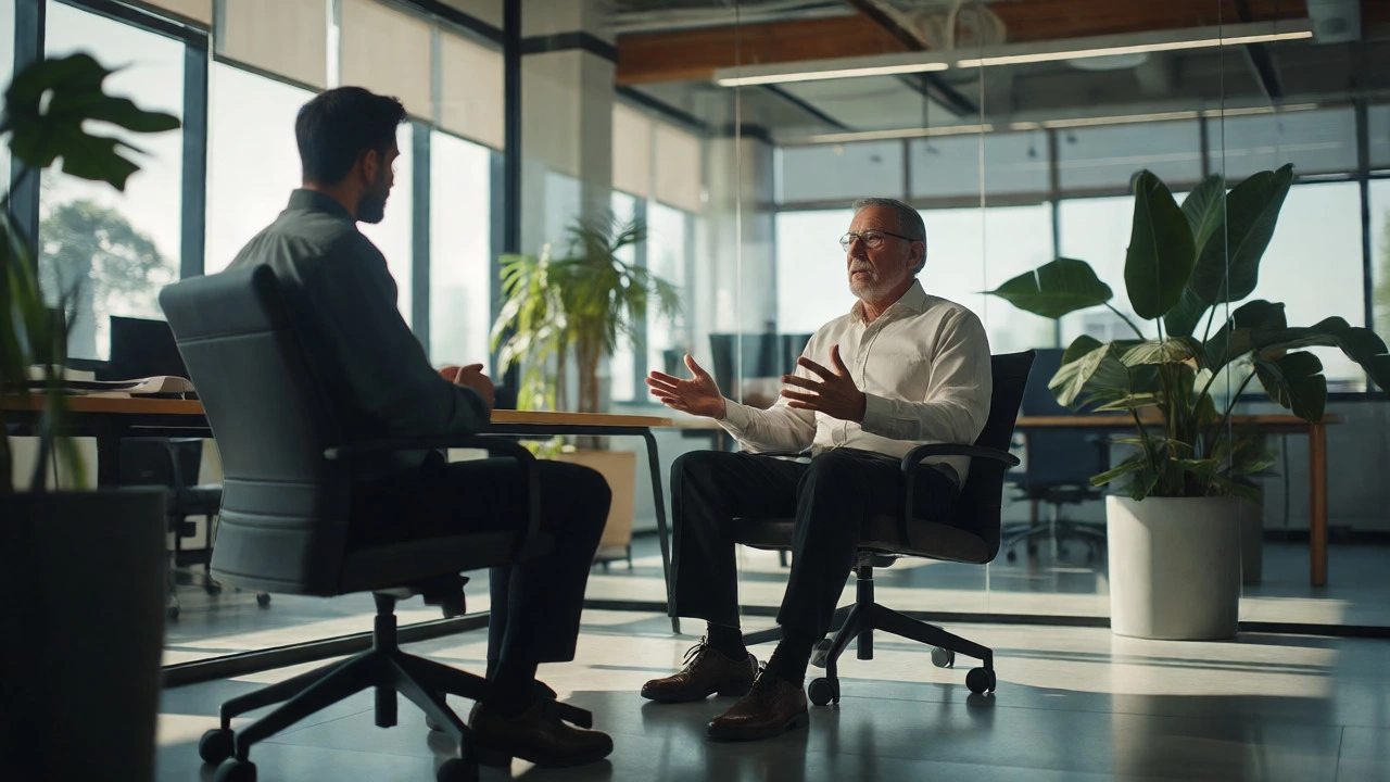 Mature job candidate interviewing confidently with a hiring manager in a modern office.
