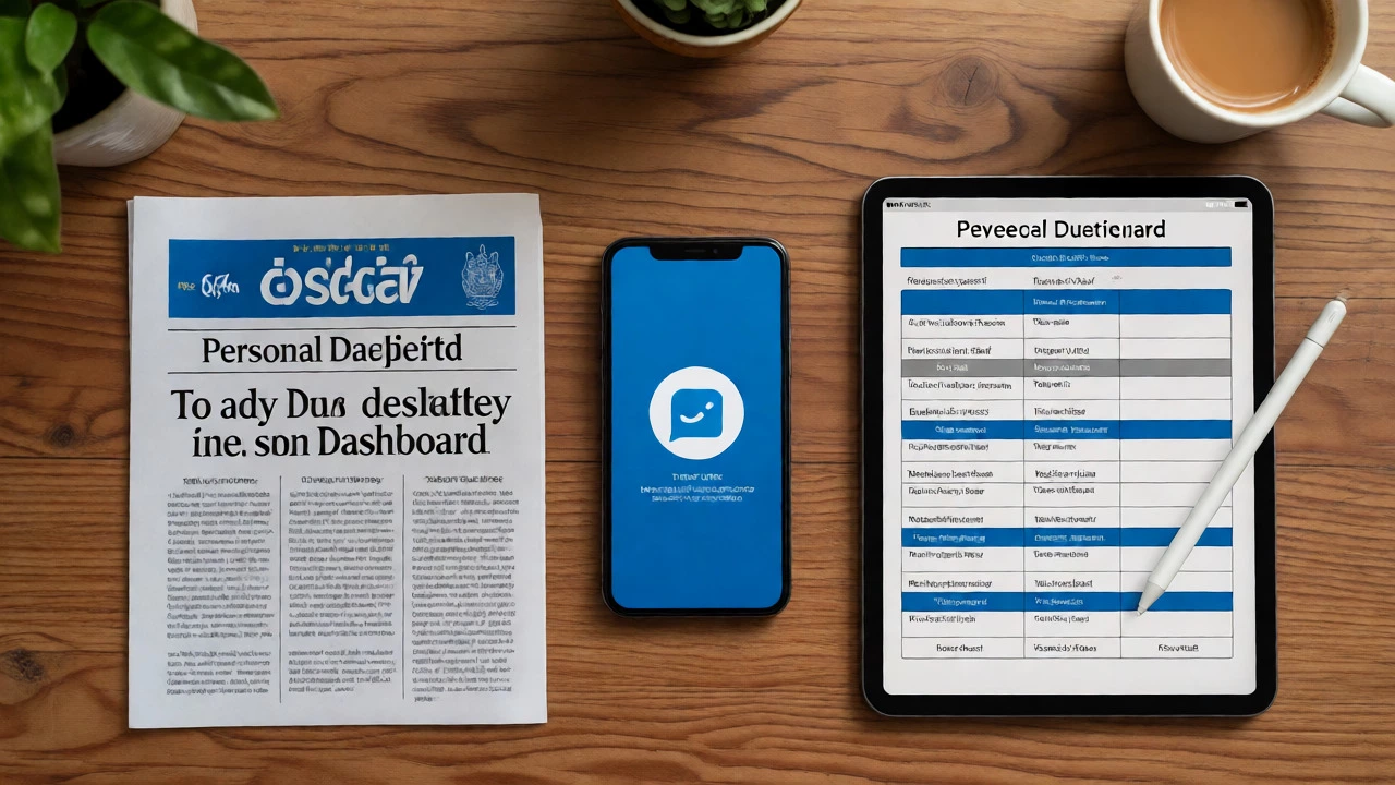 Organized desk setup with official docs, phone alerts, and study tablet