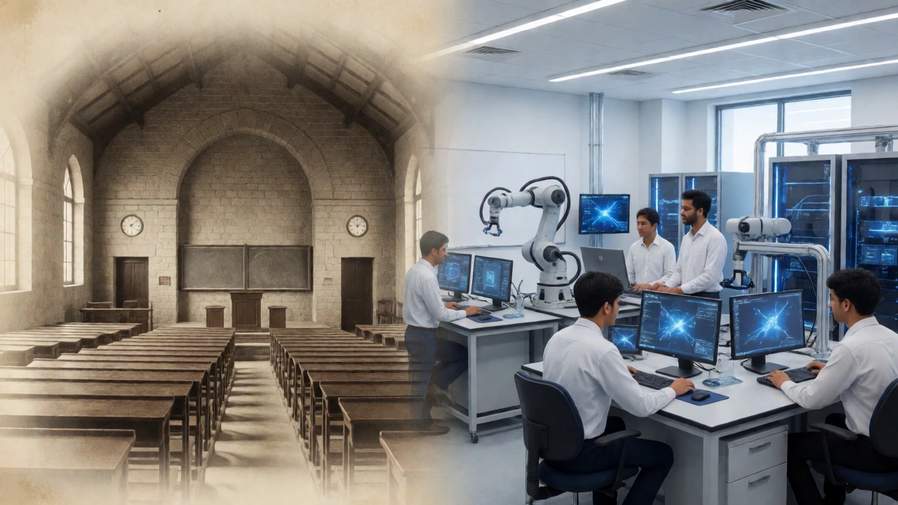 Split image comparing historic classrooms with modern tech labs