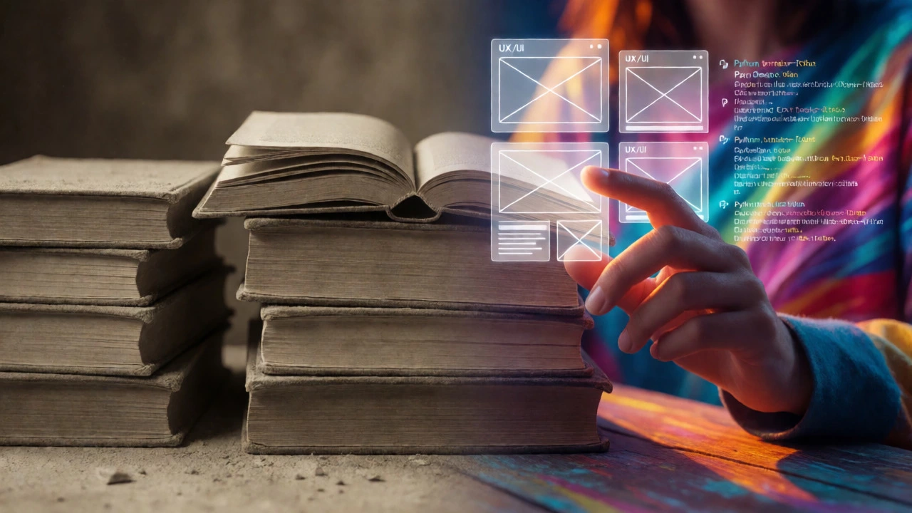 Split view contrasting dusty textbooks with vibrant, floating UX and code interfaces.
