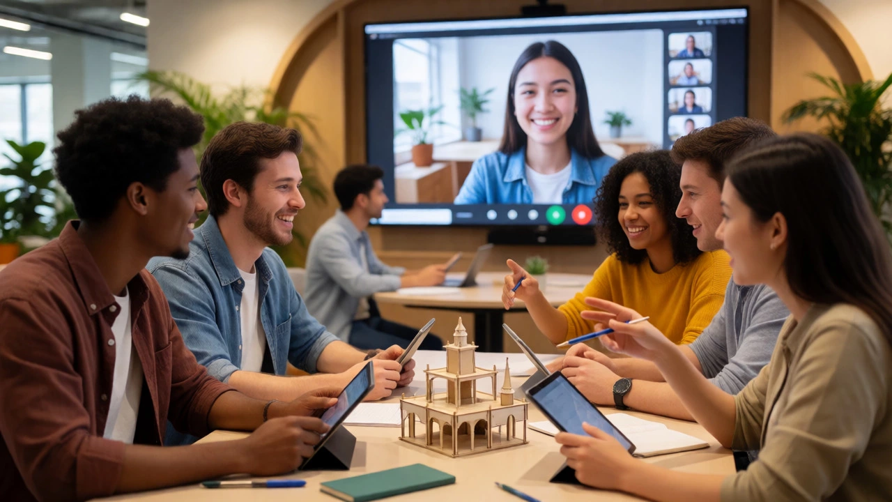 Students collaborating in person while others join virtually in a hybrid learning space.