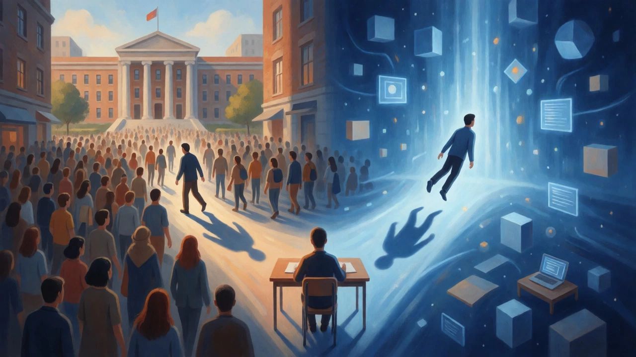 Surreal art showing a student's path between busy city commute and calm digital study.