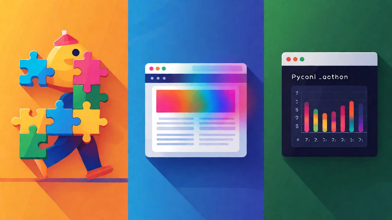 Visual comparison of Scratch blocks, web layouts, and Python data flow.