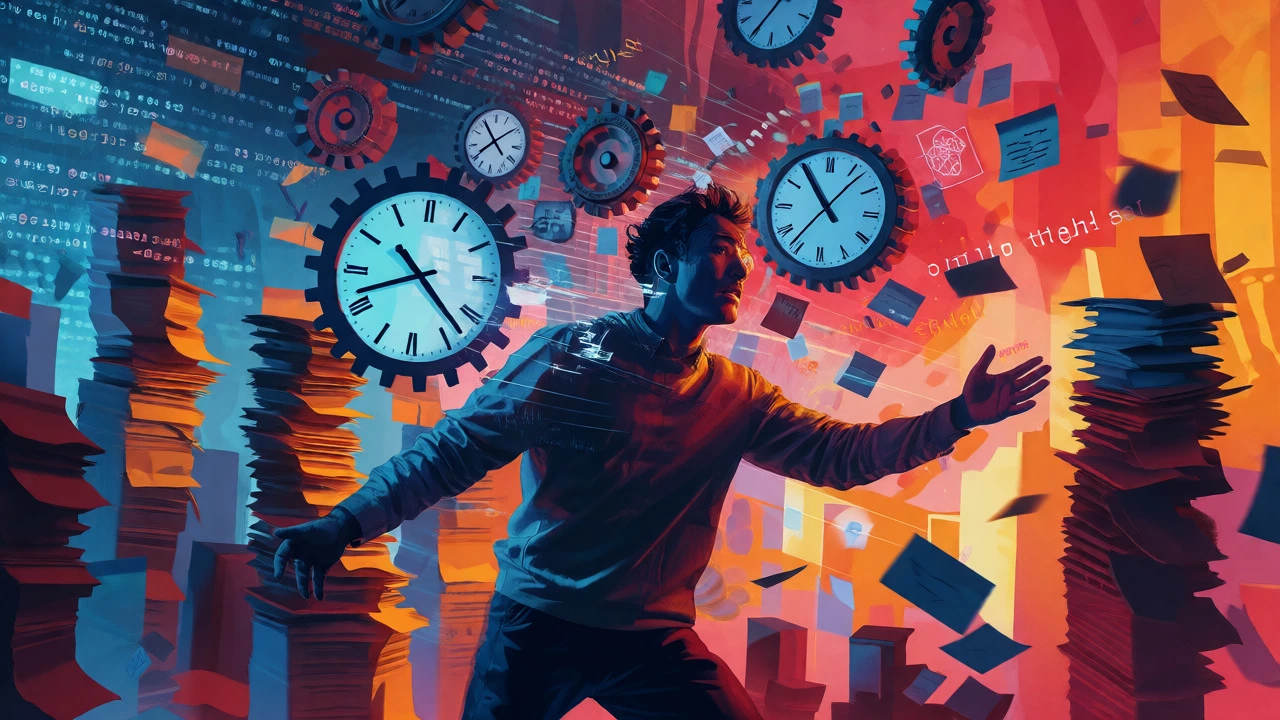 Abstract visualization of a coder facing intense crunch time and deadlines.