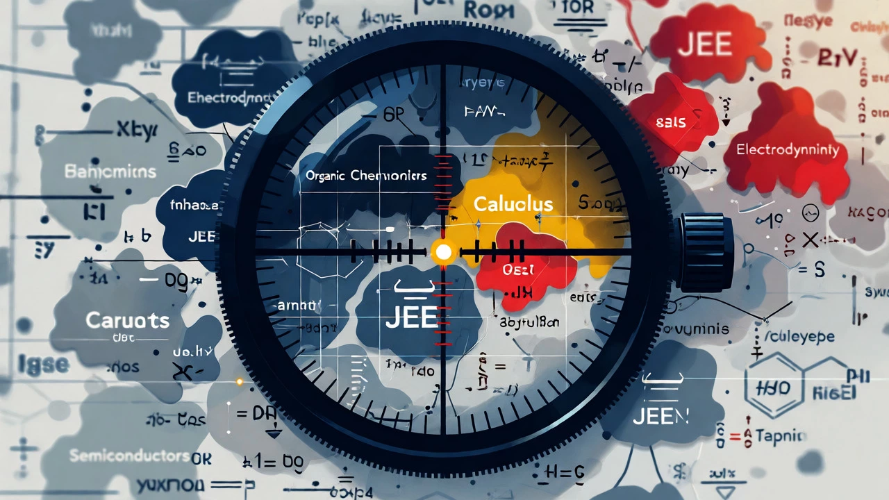 Conceptual art showing a sniper scope targeting high-weightage JEE topics among others.