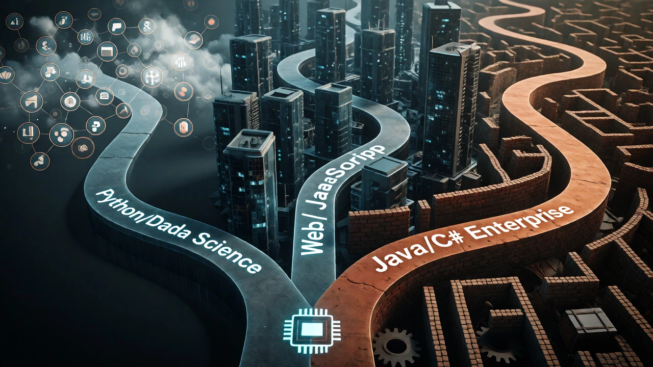 Conceptual art showing three different career paths branching from coding