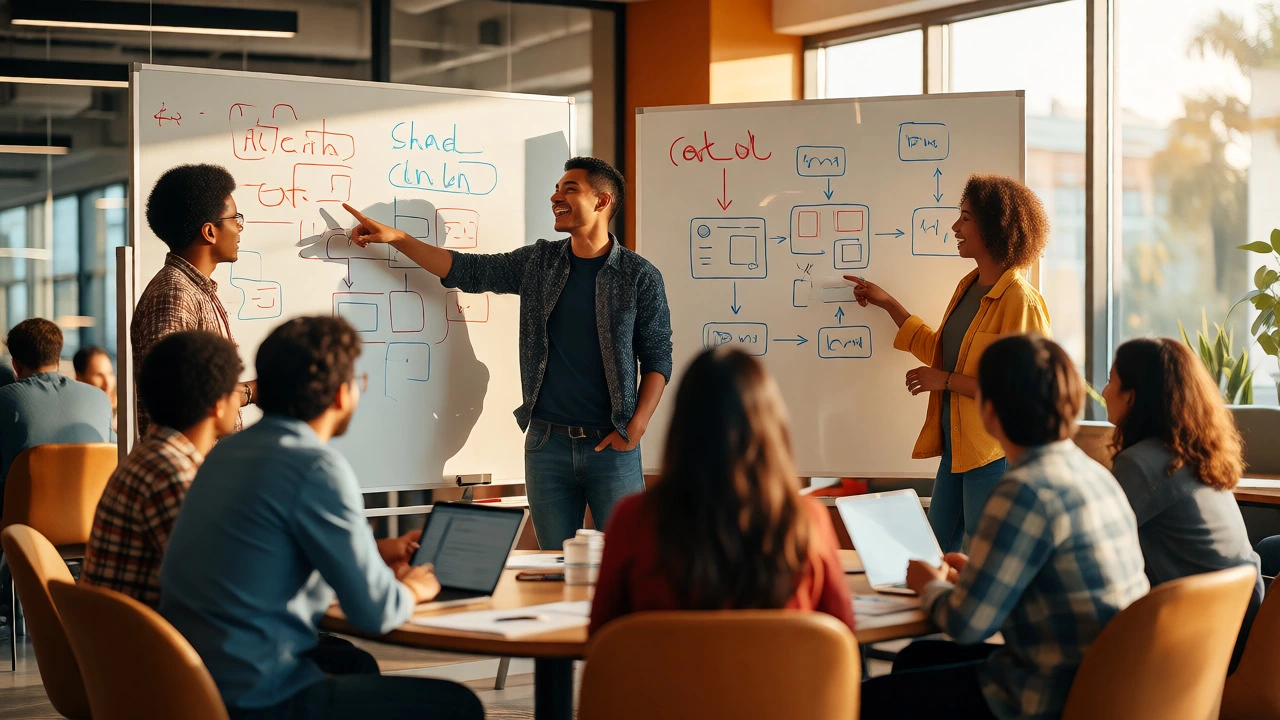 Diverse adults collaborating happily in a coding class