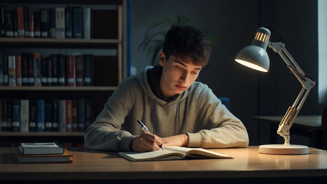 Focused student analyzing errors in chemistry and math during late-night study session