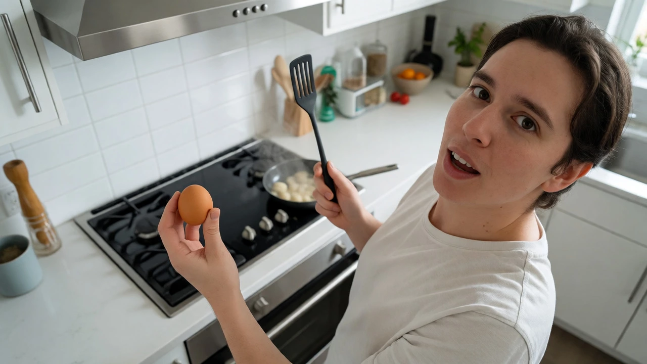 Individual narrating cooking actions in a bright kitchen environment