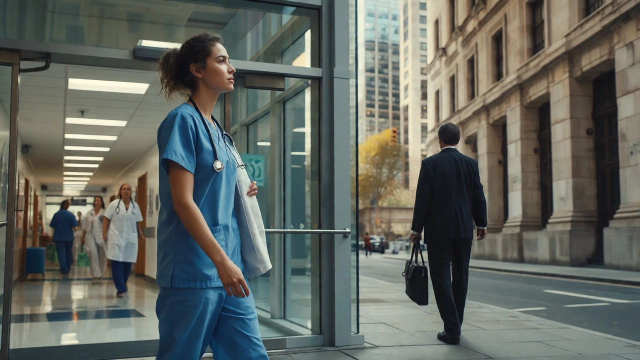 Nurse and lawyer exiting exam venues into their respective professional environments.