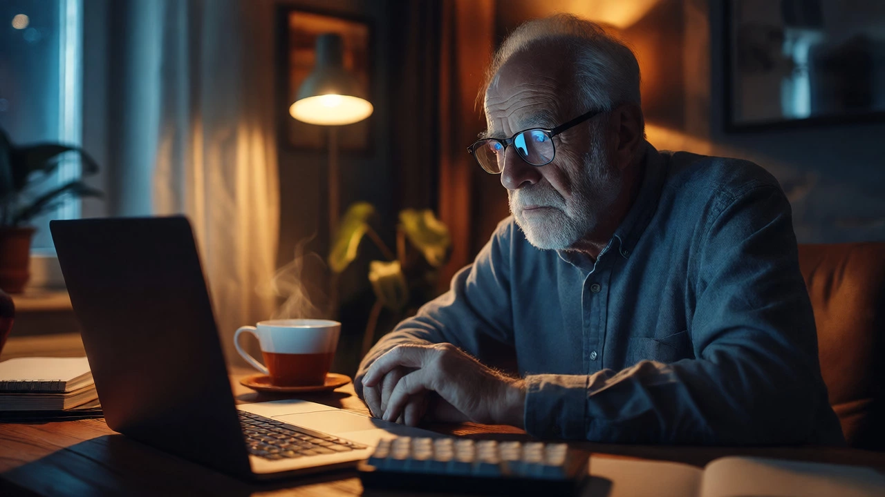 Senior developer working late at night from home with laptop glow.