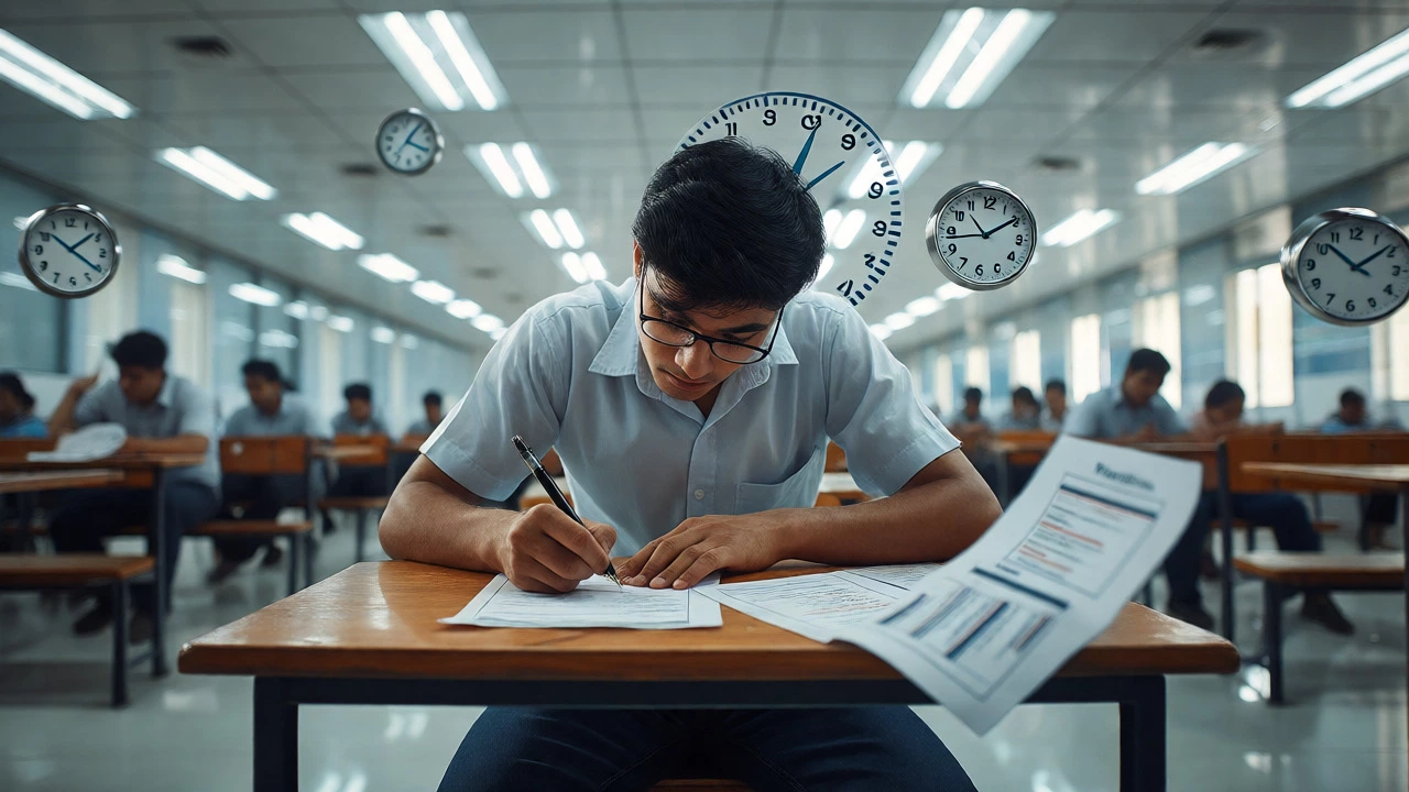 Student taking a timed mock exam in a bright hall with floating clock metaphors.