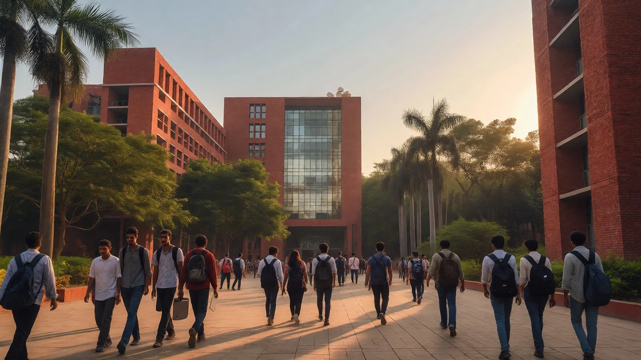 Students walking through the vibrant IIT Bombay campus at sunset