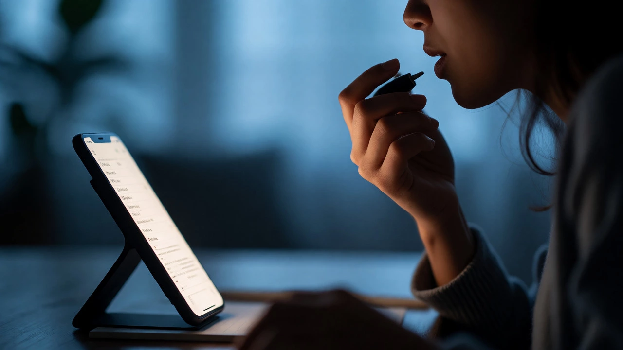 User recording voice memos on a smartphone for pronunciation feedback